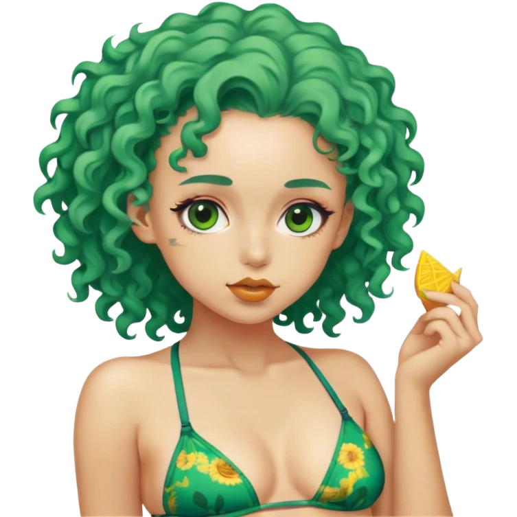 Gere um eoji de uma menina de cabelo cacheado verde e com biquini do van gogh emoji