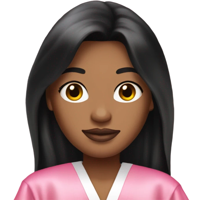 Light complexion woman with long black hair wearing a silk pink Victoria’s Secret robe emoji