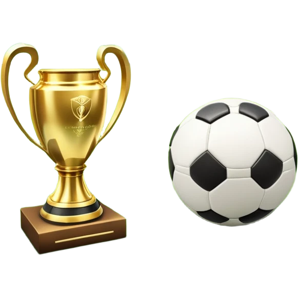 A football resting on the green grass of a soccer field, with goalposts and field markings in the background. In the foreground, the UEFA World Cup trophy gleams, symbolizing the pinnacle of football achievement, adding an element of prestige and competition to the scene. emoji