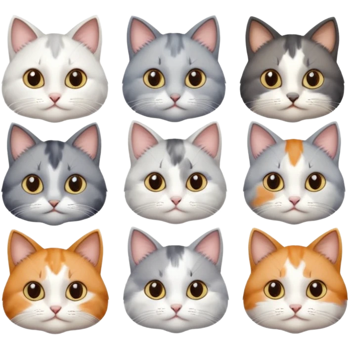 6 realistic looking cats with different natural coloured coats, assorted grey and white, greys, calico, brown and white colours etc
 emoji