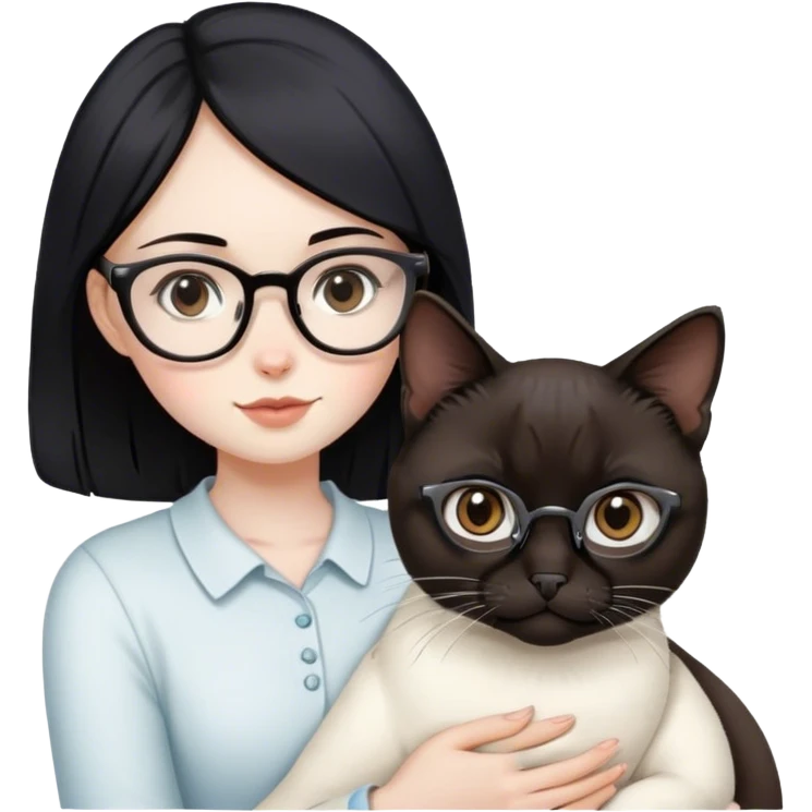 A girl with black hair and brown eyes, wearing glasses and holding a white Siamese cat. emoji