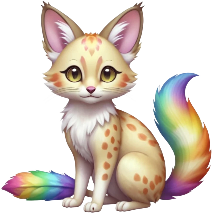 Hyper realistic  opal-bloom pearl-white fur blooming with rainbow firefly shimmer beautiful elegant pretty precious cute  Fakémon-Pokémon-opossum-feline-serval-caracal-chinchilla-Furret-Minccino-hybrid-creature with a big fluffy bushy tail (full body) emoji