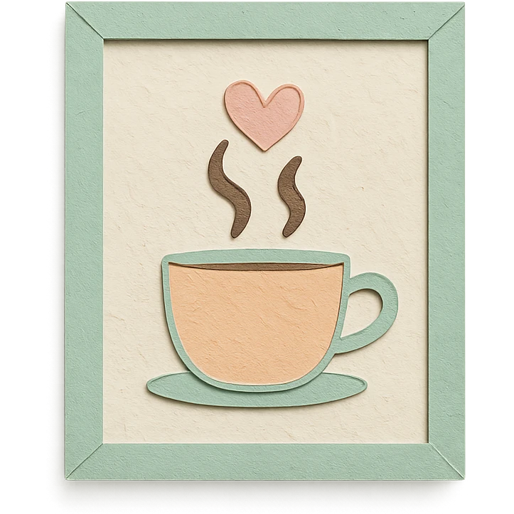 coffee shop wall art frame with cup and heart doodle, soft pastel colors, hand-drawn style emoji