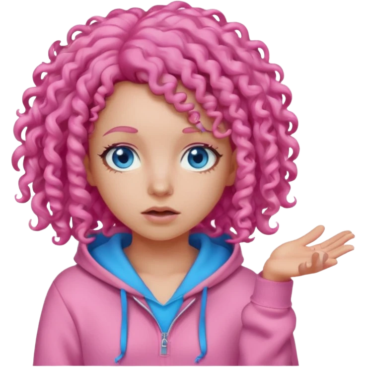 Girl in pink hoodie with pink curly hair and blue eyes shrugging  emoji