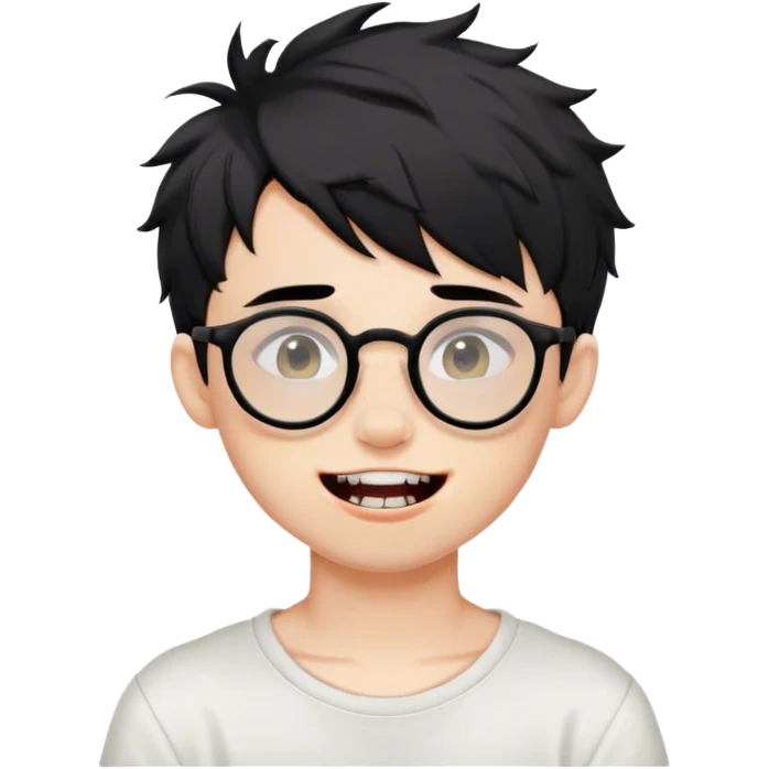 a boy with glasses, black short messy hair, septum piercing, showing teeth pose emoji