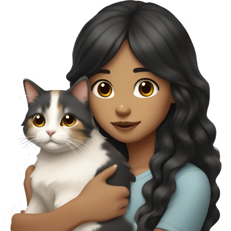 TAN SKIN GIRL with LONG BLACK WAVY HAIR and BANGS; HUGGING a LIGHT BROWN, GRAY, WHITE CALICO CAT  emoji