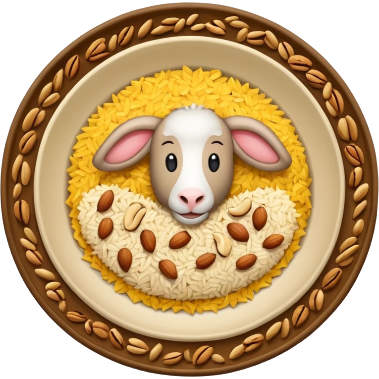 "Emoji of a Jordanian Mansaf dish — round platter with golden rice, lamb pieces, nuts on top, simple cute cartoon style, clean lines, white or transparent background." emoji