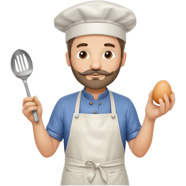 Middle aged male pastry chef - with a small beard, apron, white hat, holding an egg beater in his right hand, and his left hand naturally hanging down to his side emoji