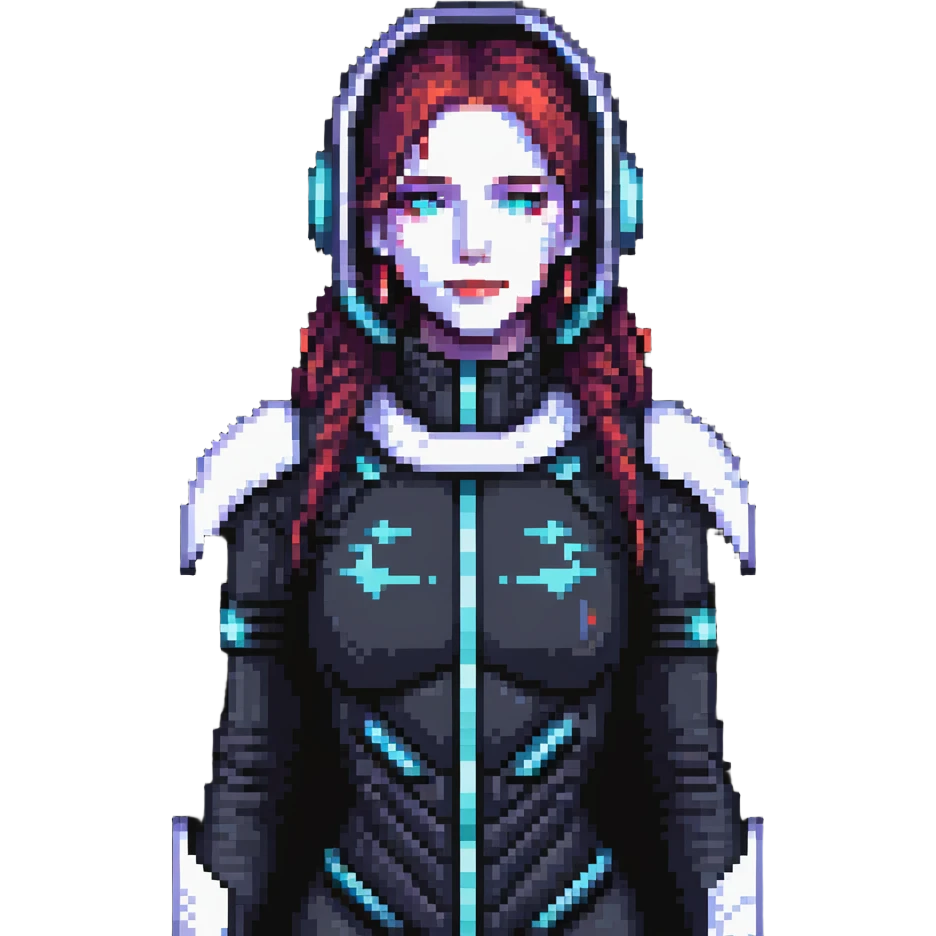 Cyberpunk female character with digital screen face, futuristic outfit emoji
