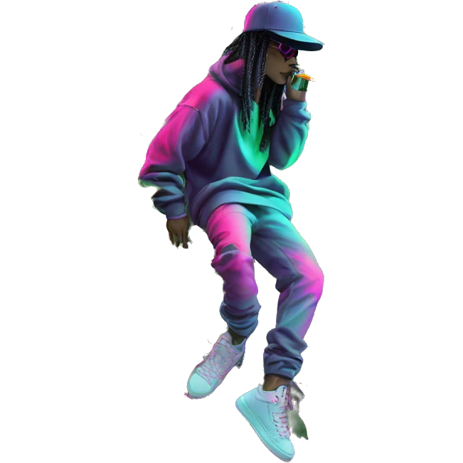 Multicoloured neon person smoking wearing hoodie dancing hip hop bucket hat tropical Skater fashion aesthetic baggy clothes graphic t shirt 420 emoji