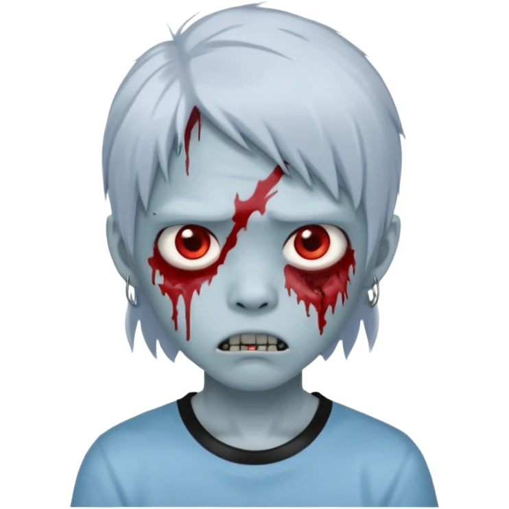 Create a 3D emoji-style avatar with very pale blue-grey zombie skin like the reference image, a young Asian face, and large eyes with blood tears. Give it white mullet-style hair, silver hoop earrings, and a simple black T-shirt. The face expression should be slightly angry emoji