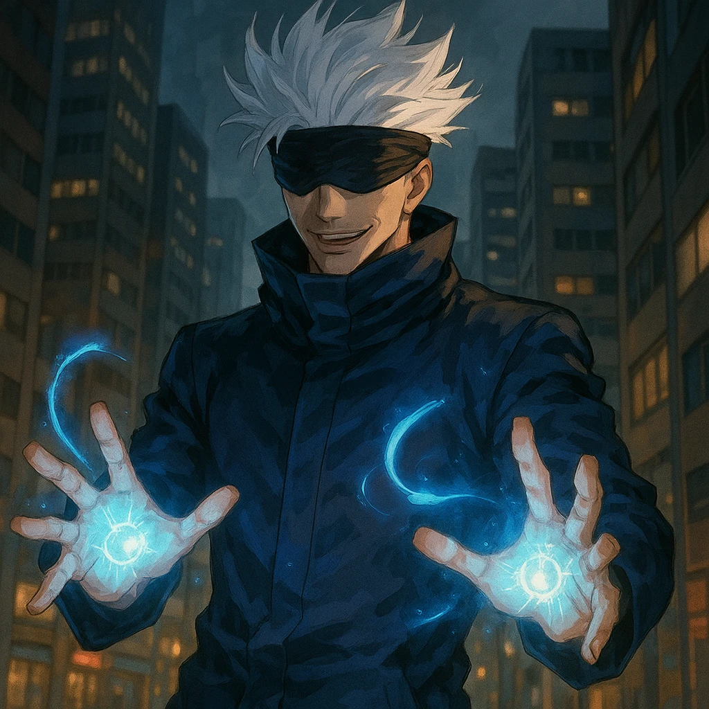 the strongest sorcerer of the modern age, casting a spell, glowing hands, urban background emoji
