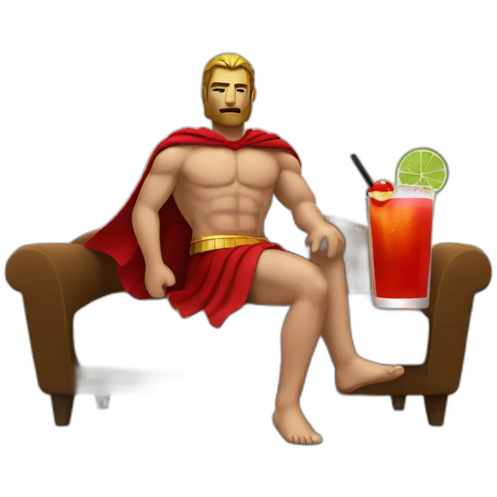 The Spartan Leonidas and his red cape with a relaxing cocktail on a sofa. emoji