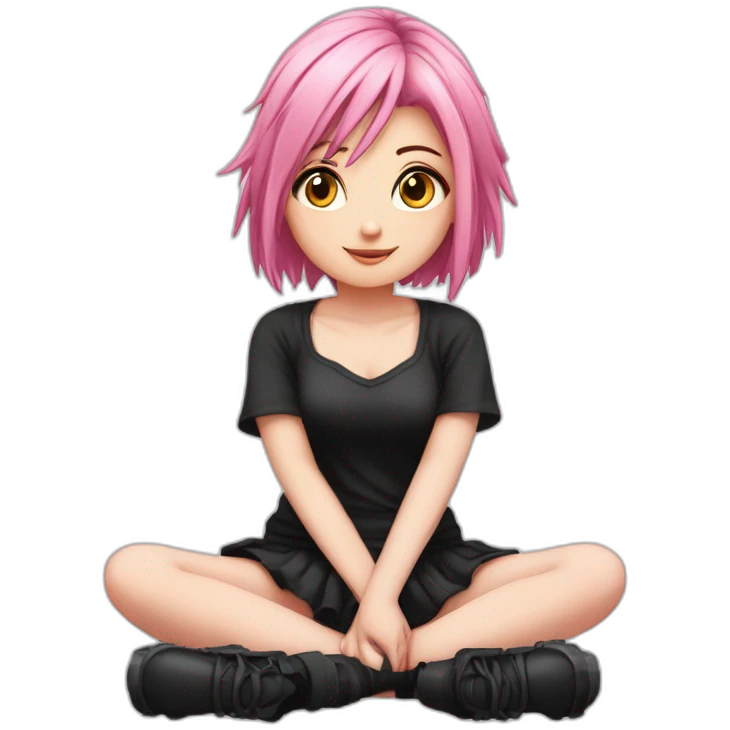 Full body Front view curvy emo girl pink hair sits on the floor straight view hands up black skirt белые трусики emoji