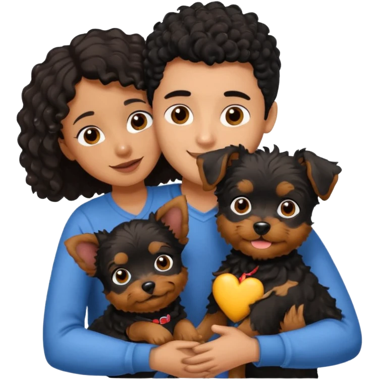Young man with little brown skin, black curly hair, cheerful dark brown eyes, hugging two yorkie female emoji