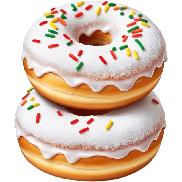 Cinematic fluffy donuts, perfectly golden and dusted with powdered sugar, vibrant icing with sprinkles, stacked in a playful arrangement, soft glowing highlights, warm and inviting. emoji