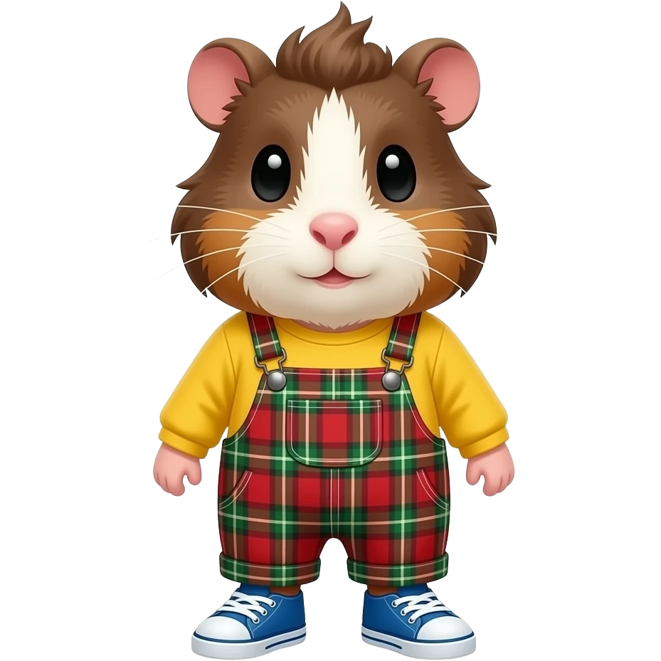 crazy dark brown haired guinea pig in long sleeve yellow top with red and green checked ovealls and blue sneakers emoji