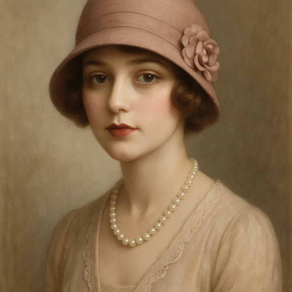 1920s woman, cloche hat, pearl necklace, vintage fashion, soft colors, elegant, detailed emoji