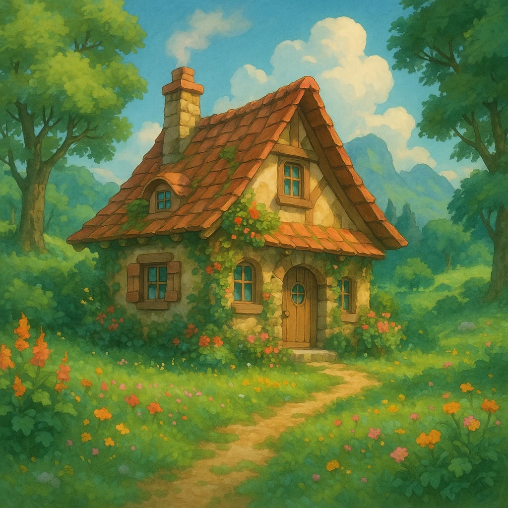 a cozy cottage in a magical landscape, ghibli style emoji