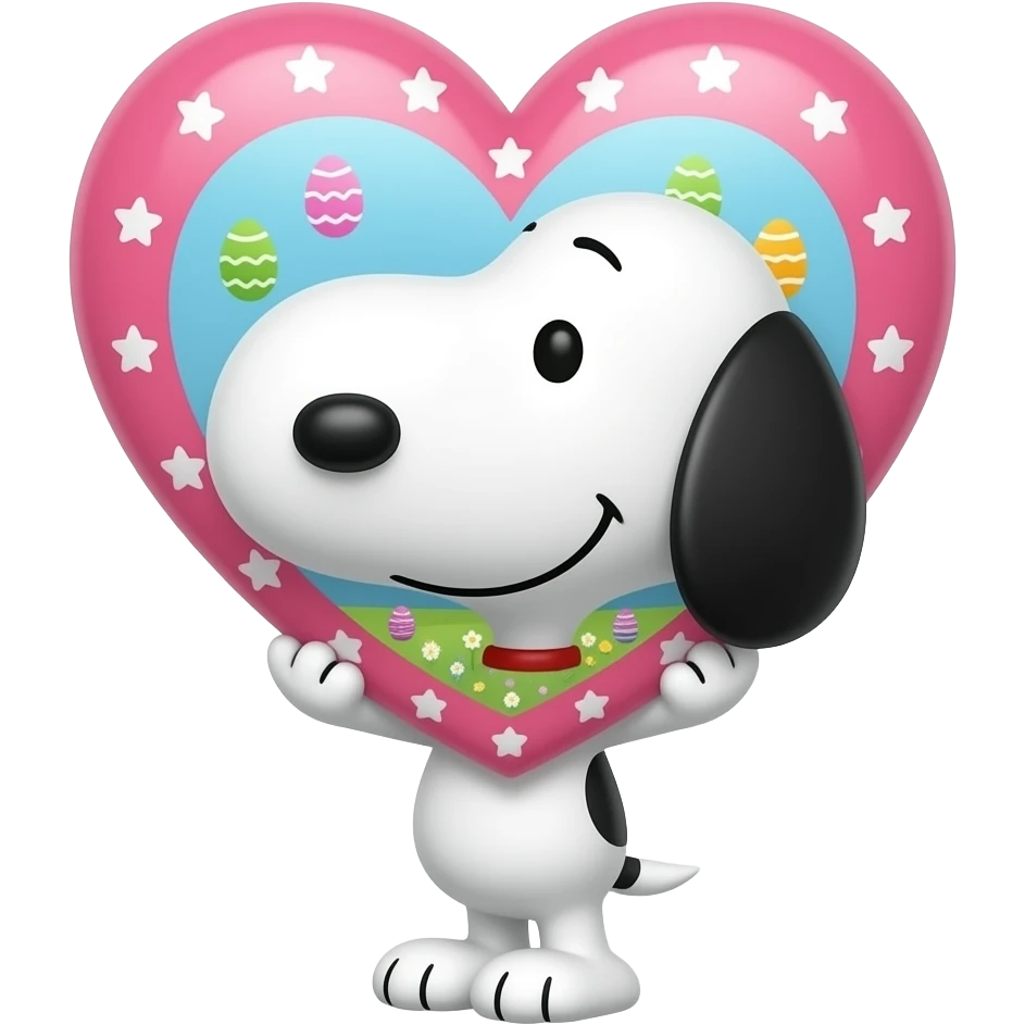 Bigger heart with cute easter design inside with very small snoopy HOLDING THE OVERSIZED HEART OVER HIS HEAD but not inside the heart emoji