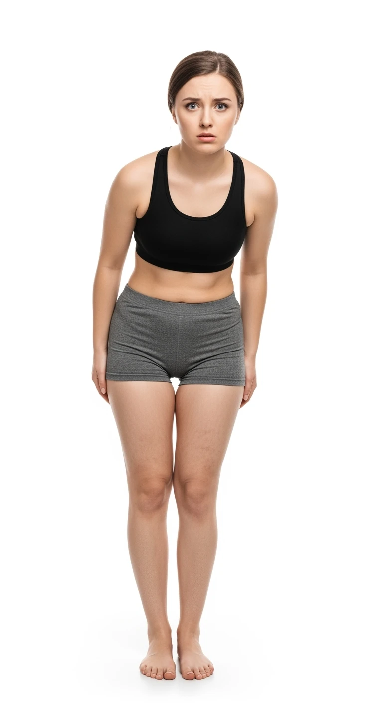 donna giovane con cellulite buchi di cellulite e ritenzione in gym short leggermente piegata in avanti, con espressione dispiaciuta in volto isolata su sfondo bianco emoji