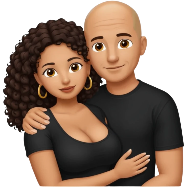 A picture of an embracing tanned couple. the man is a Mexican man with tanned skin, with a bald hair cut, and wearing a black shirt. the woman is mixed, with glasses,  with long curly dark brown hair and with big boobs. Remove the glasses from the guy emoji
