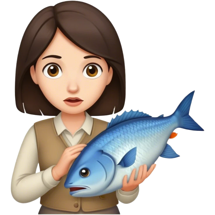 Confused Brunette Woman carries huge fish emoji
