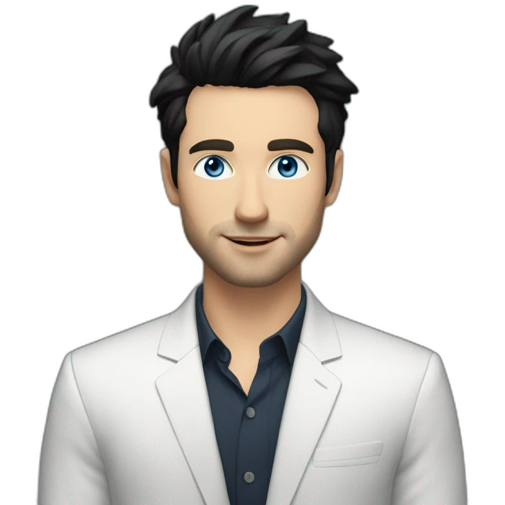 man, blue eyes, 30 year old, white skin, black hair, blazer with t-shirt, good looking emoji