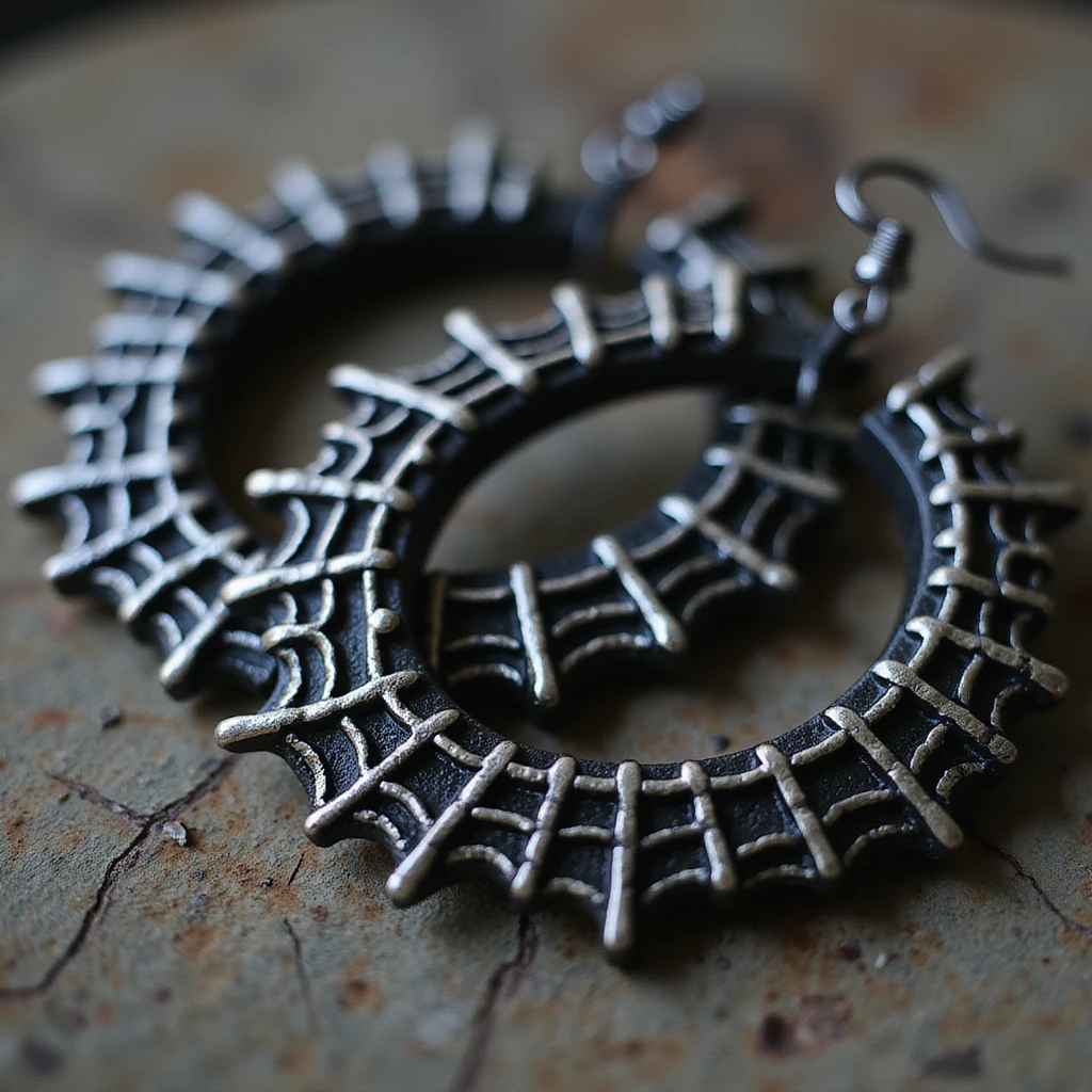 realistic goth earrings, black spider web hoop, intricate details, metallic shine emoji
