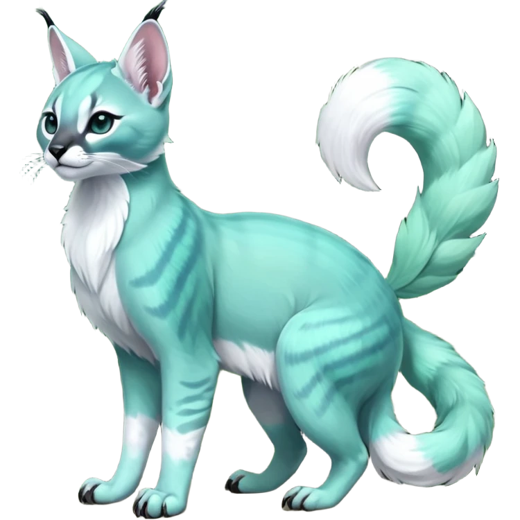 Colorful dark tropical iridescent pale light jade-green, mint-blue, whitish pastel white glorious divine exotic cute cool beautiful shiny beautiful fantasy-caracal-civet-genet-sergal-vernid-Gryphon-Cacomistle-Trico-oncilla-animal-Fakémon-hybrid-fursona (full body) emoji