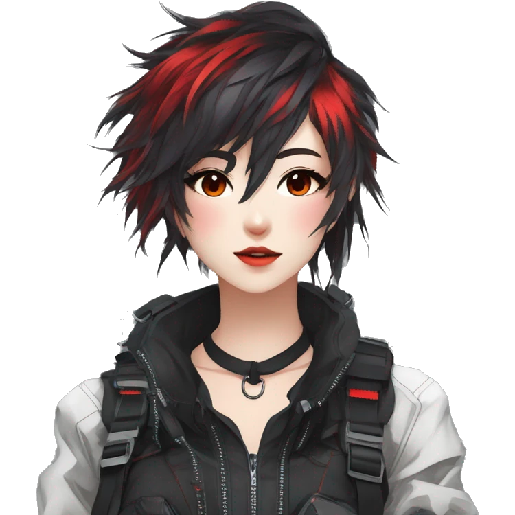 Gorgeous techwear anime style lady with blushing face aesthetic and pretty edgy black red white punk messy hair with collar and harness trending style emoji