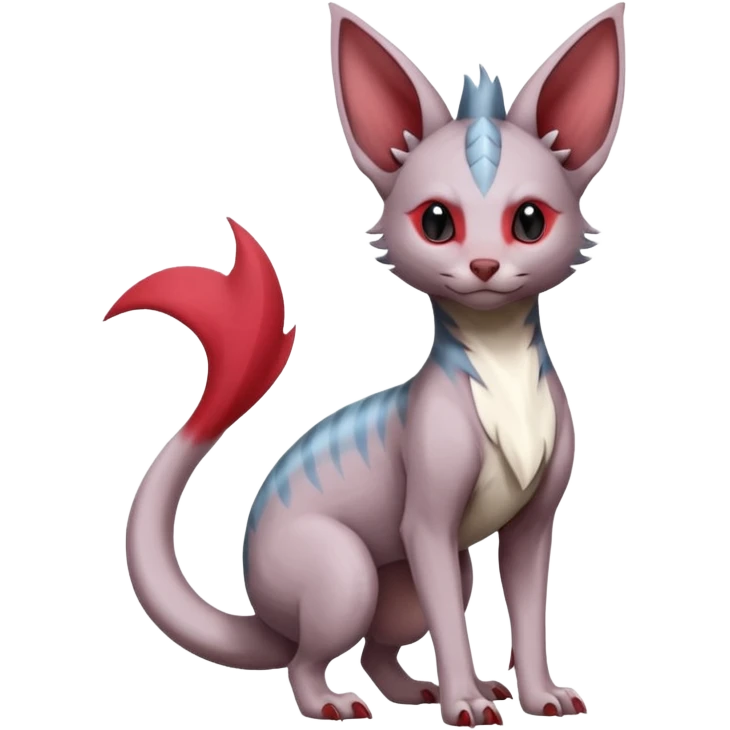 Minccino-Lykoi-Nidoran-Sphynx-Linoone-Zangoose-fusion-hybrid-animal-Fakémon-creature, full body, thin long sleek scaly tail, intricate markings emoji