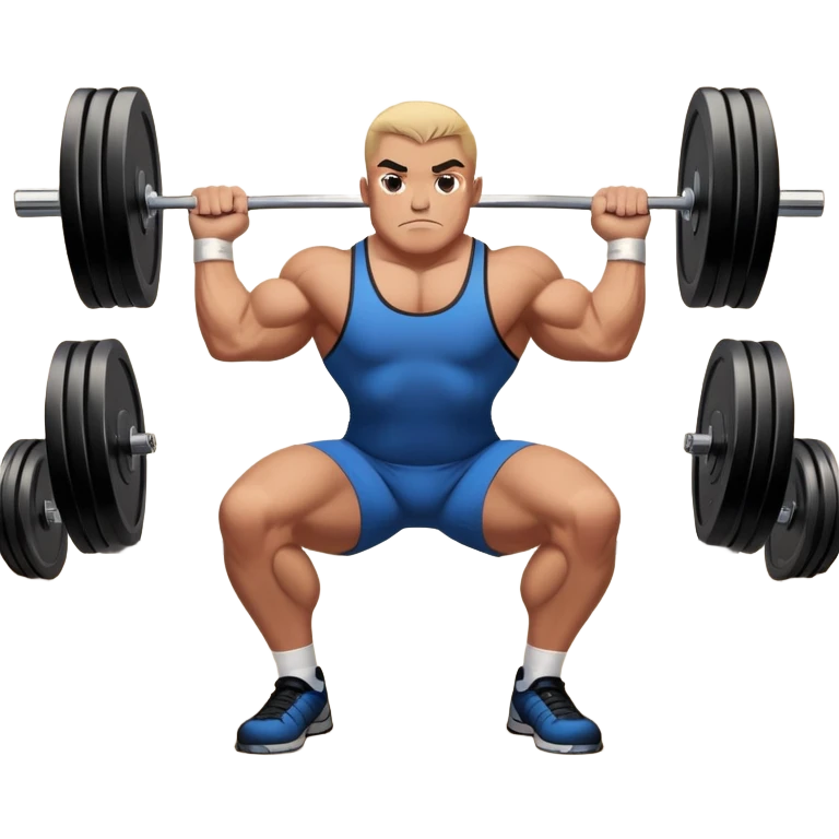Powerlifter lifting a heavy barbell in a dramatic display of strength, muscles flexing under the pressure. The focus is on the lifter's intense effort and the heavy weights on each side. The background features a gym with weights and equipment, emphasizing the raw power of the sport.  emoji