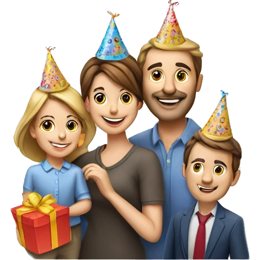 European company of 4 people (mom dad and 2 kids) celebrate birthday in birthday hats emoji