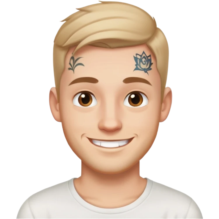 white man with small face tattoo, smiling, wearing a white t-shirt emoji