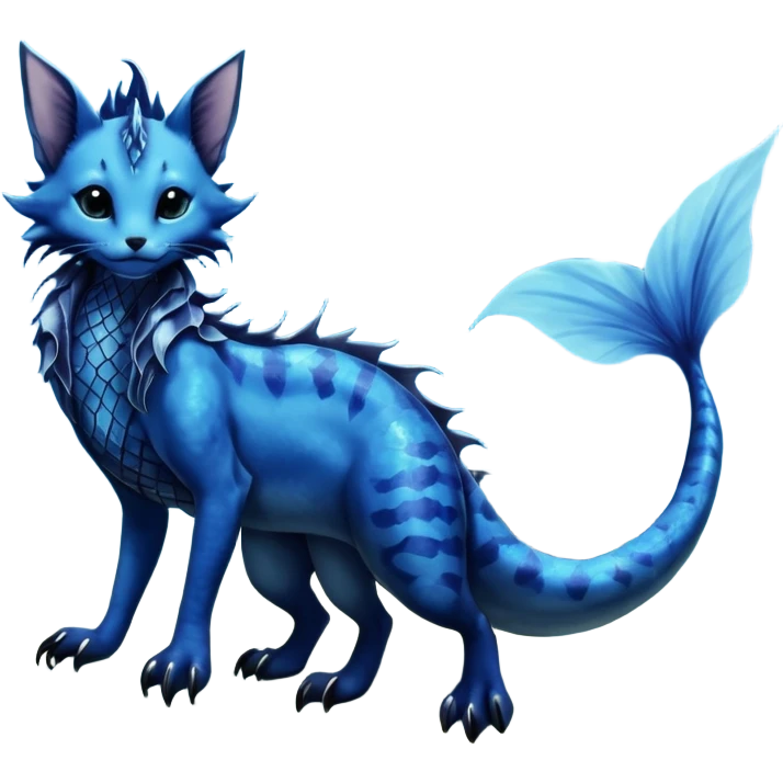 Epic complex abyssal fantasy divine glorious detailed dark dusky gloomy deep gothic gloomy cobalt-blue-abyss-blue-black-greyish, realistic Fakémon-Sprigatito-Floragato-Meowscarada-Vaporeon-Salandit-Trico-Sergal-Serval-Vernid-creature (full body) with mermaid-ears, tail fin, shiny sparkly, abyssal emoji