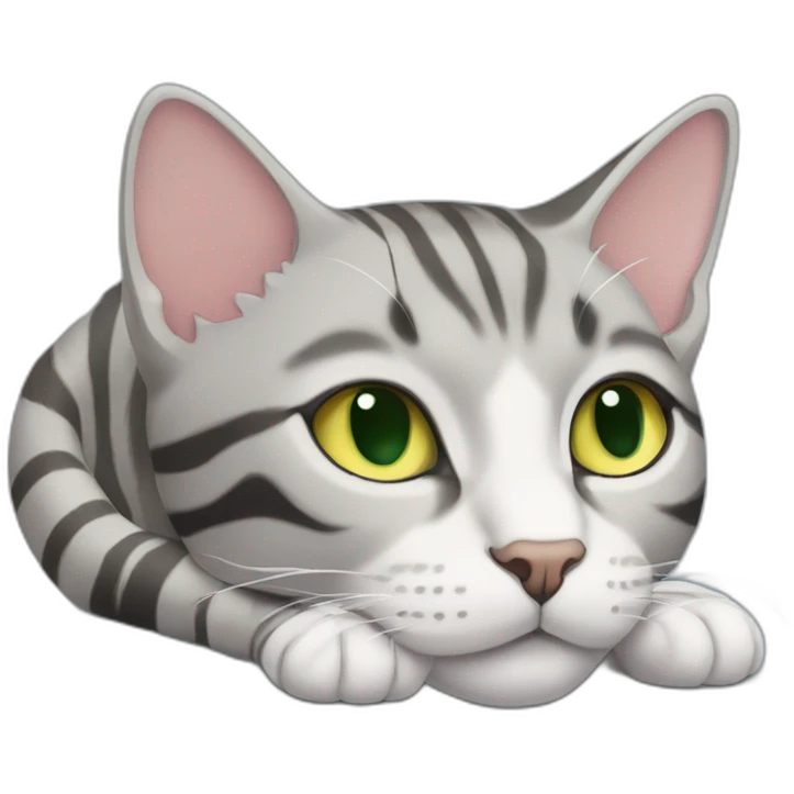 light gray tabby cat with white stripes domestic short hair with yellow green blue eyes and black pupil sleeping emoji