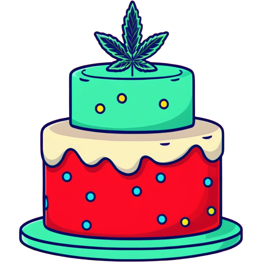 Festive confetti cake with mint leaves and a cannabis leaf as decoration emoji