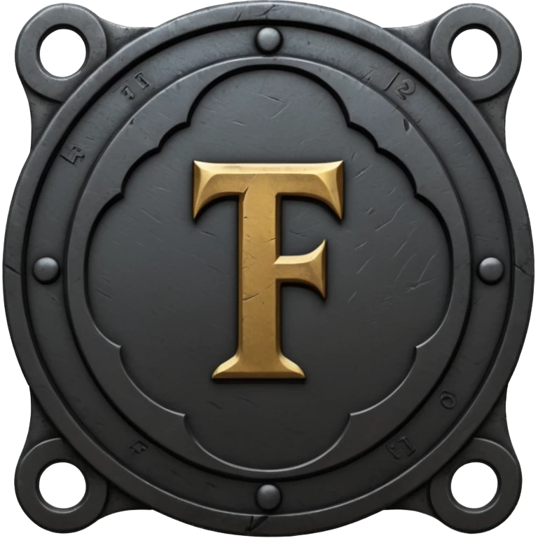 Minimal emoji, gothic metal coin made of black steel, engraved number f at the center, ancient industrial aesthetic, worn metal texture, no glow, no neon, flat emoji design, centered, transparent background emoji