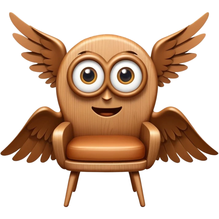 A wooden chair with big cartoon eyes, flying through the air with small wings emoji
