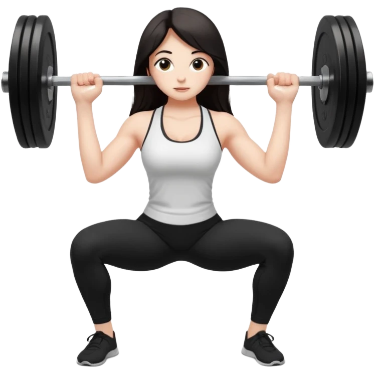 Девушка белокожая, с длинными темными волосами, в одежде для йоги - черные лосины, белый топ, делает присед со штангой 100 килограмм, правильные пропорции тела, только человек emoji