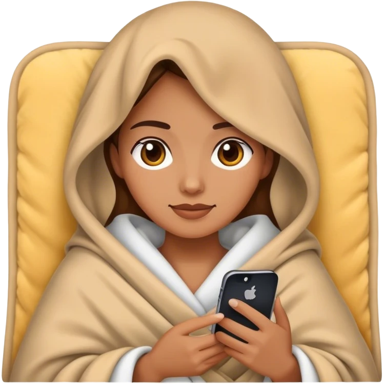 realistic woman in cozy blanket with iPhone, iPhone style emoji emoji