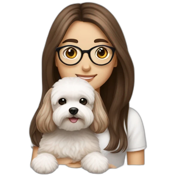 Long straight brown hair, eyeglassed turkish girl with white maltipoo emoji