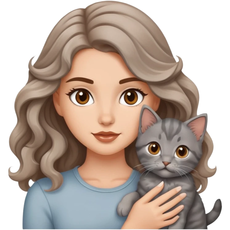 A beautiful  white girl with big brown waves and  a gray kitten and tococo emoji
