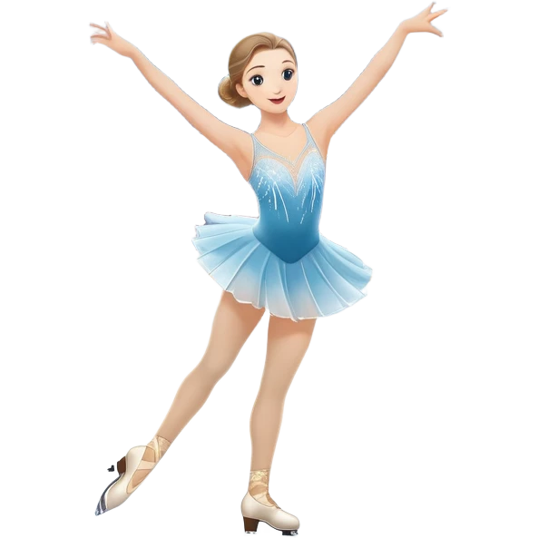 An icon featuring a graceful figure skater performing a spin on the ice. The background includes a grand ice rink palace with shining spotlights and cheering spectators in the stands. Transparent background highlights the elegance and artistry of figure skating emoji