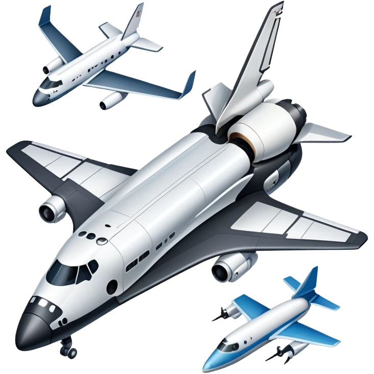 An icon featuring a collage of a space shuttle, a drone, and an airplane, symbolizing aerospace technology. The design includes rocket engines, wings, and flight paths, representing advancements in aviation and space exploration. Transparent background highlights cutting-edge aerospace engineering. emoji