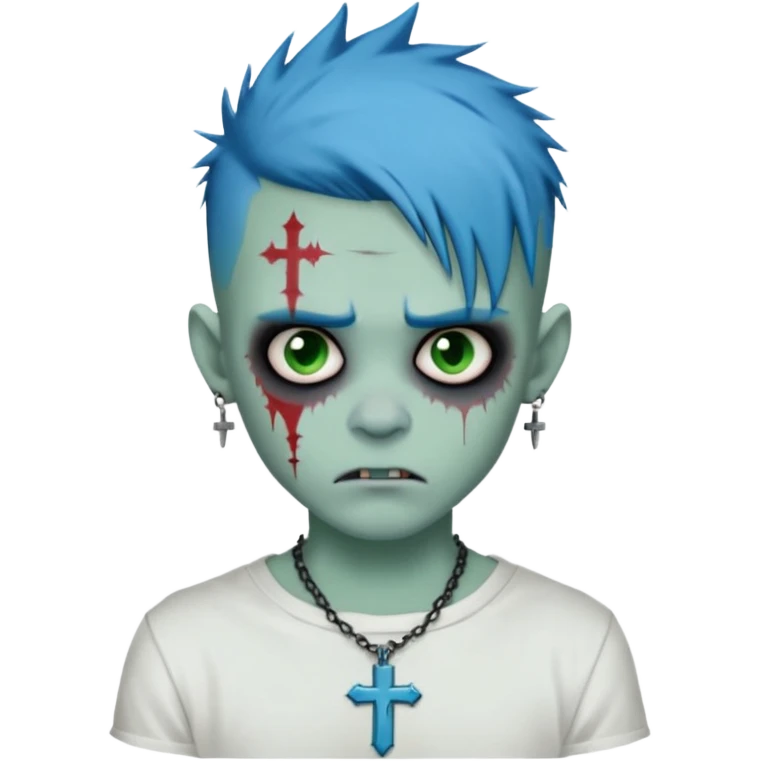 zombie boy with spiky emo blue hair and white shirt , tattos, a risk on the eyebrow, earings,  a necklace with a cross, green skin emoji  emoji