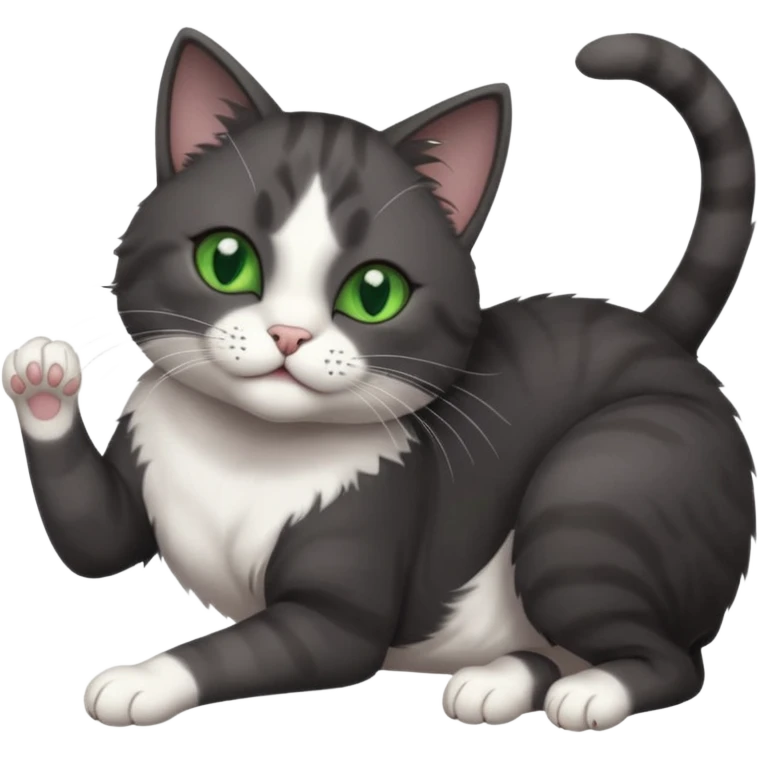 beautiful female solid dark grey cat with green eyes, white toes/paws and white patch on her chest rolling upside down emoji