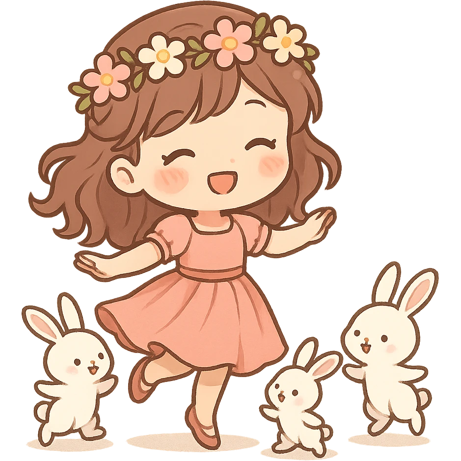 一个可爱的小女孩，穿着漂亮的裙子，头顶戴着花环，正在和几只小兔子跳舞 emoji