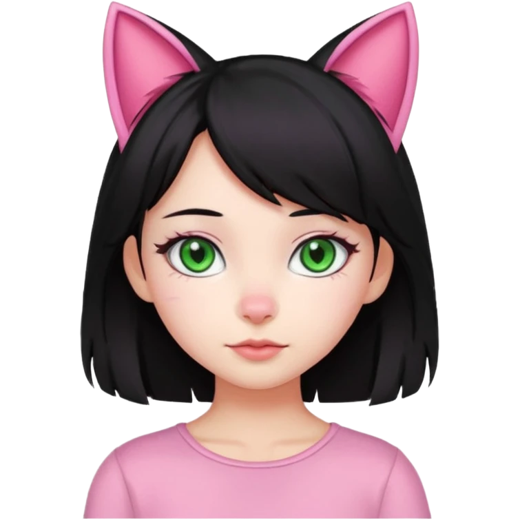 adorable girl, pink cat ears, black hair, green eyes emoji
